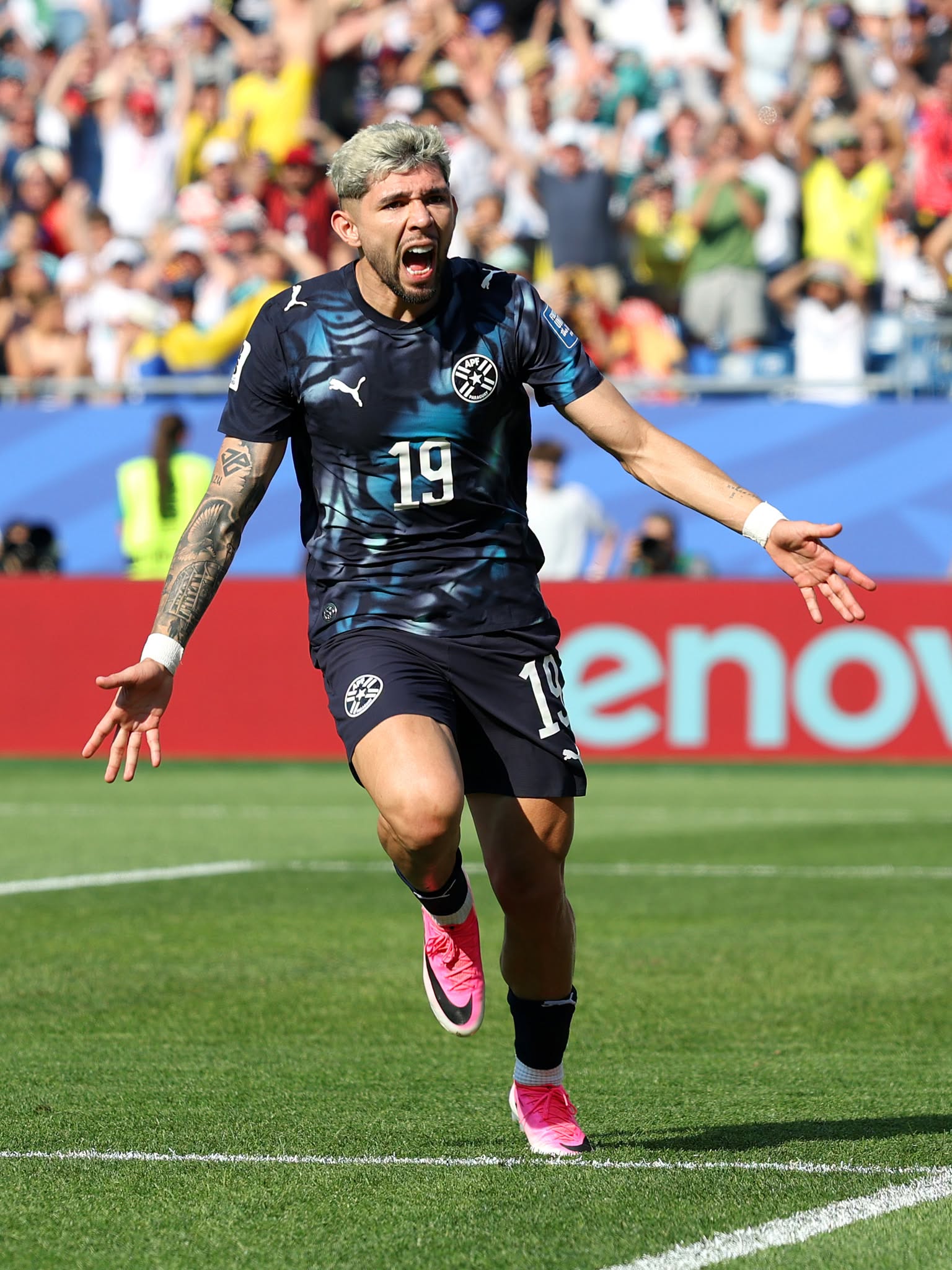 FOXBOROUGH, MASSACHUSETTS - JUNE 29: Julio Enciso #19 of Paraguay celebrates scoring his team's first goal during the FIFA World Cup 2026 Round Of 32 match between Germany and Paraguay at Boston Stadium on June 29, 2026 in Foxborough, Massachusetts. (Photo by Alexander Hassenstein/Getty Images)