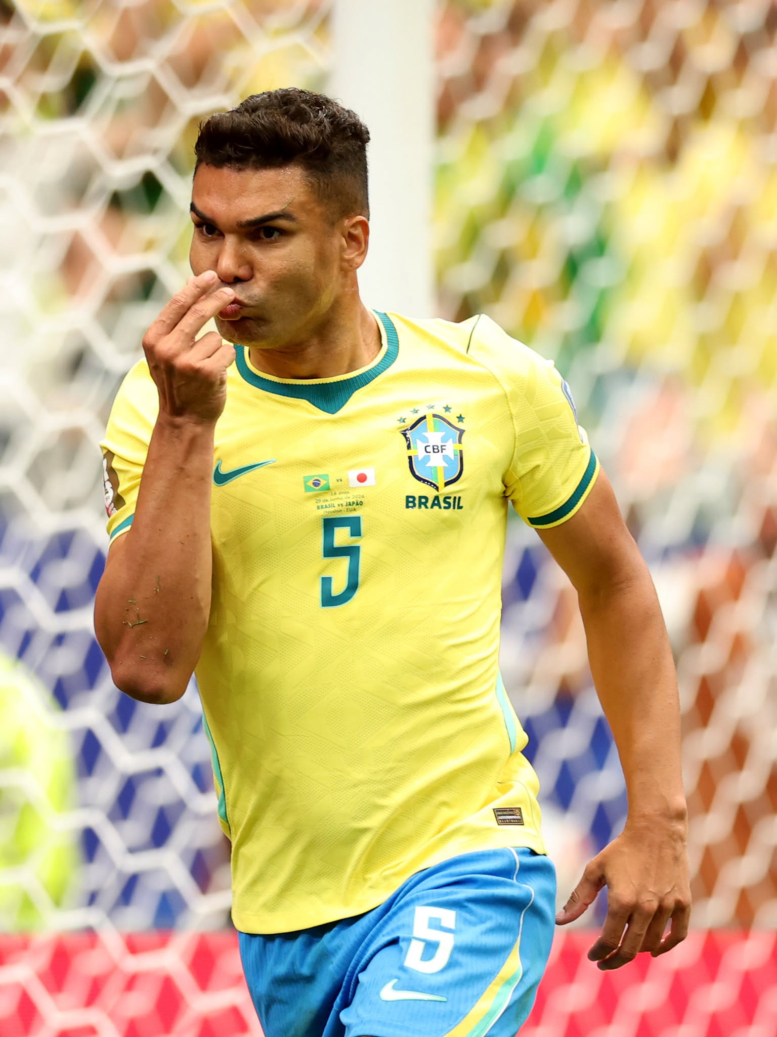 HOUSTON, TEXAS - JUNE 29: Casemiro #5 of Brazil celebrates scoring his team's first goal during the FIFA World Cup 2026 Round Of 32 match between Brazil and Japan at Houston Stadium on June 29, 2026 in Houston, Texas. (Photo by Michael Regan - FIFA/FIFA via Getty Images)