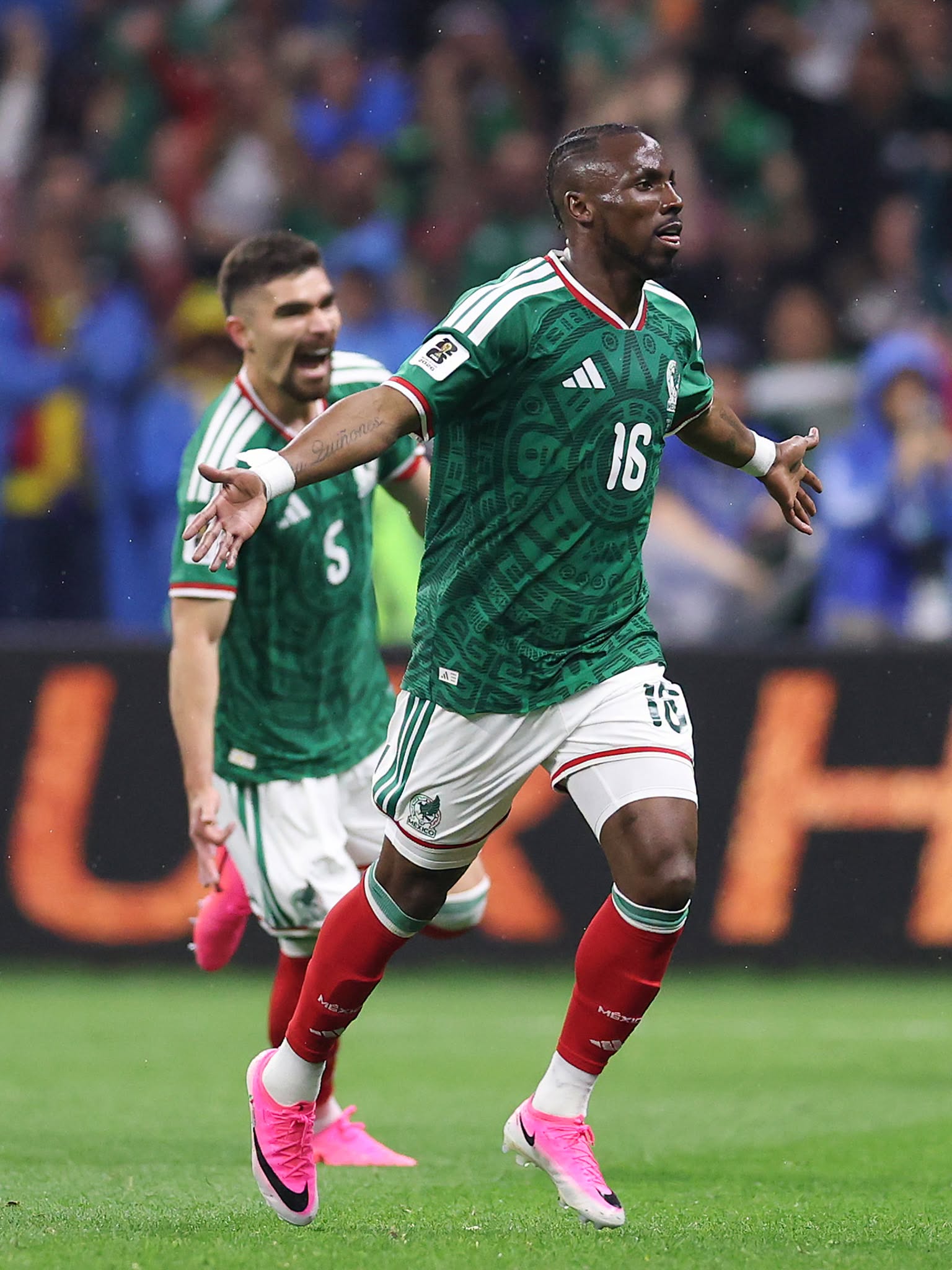 MEXICO CITY, MEXICO - JUNE 30: Julian Quinones #16 of Mexico celebrates scoring his team's first goal during the FIFA World Cup 2026 Round Of 32 match between Mexico and Ecuador at Mexico City Stadium on June 30, 2026 in Mexico City, Mexico. (Photo by Luke Hales/Getty Images)