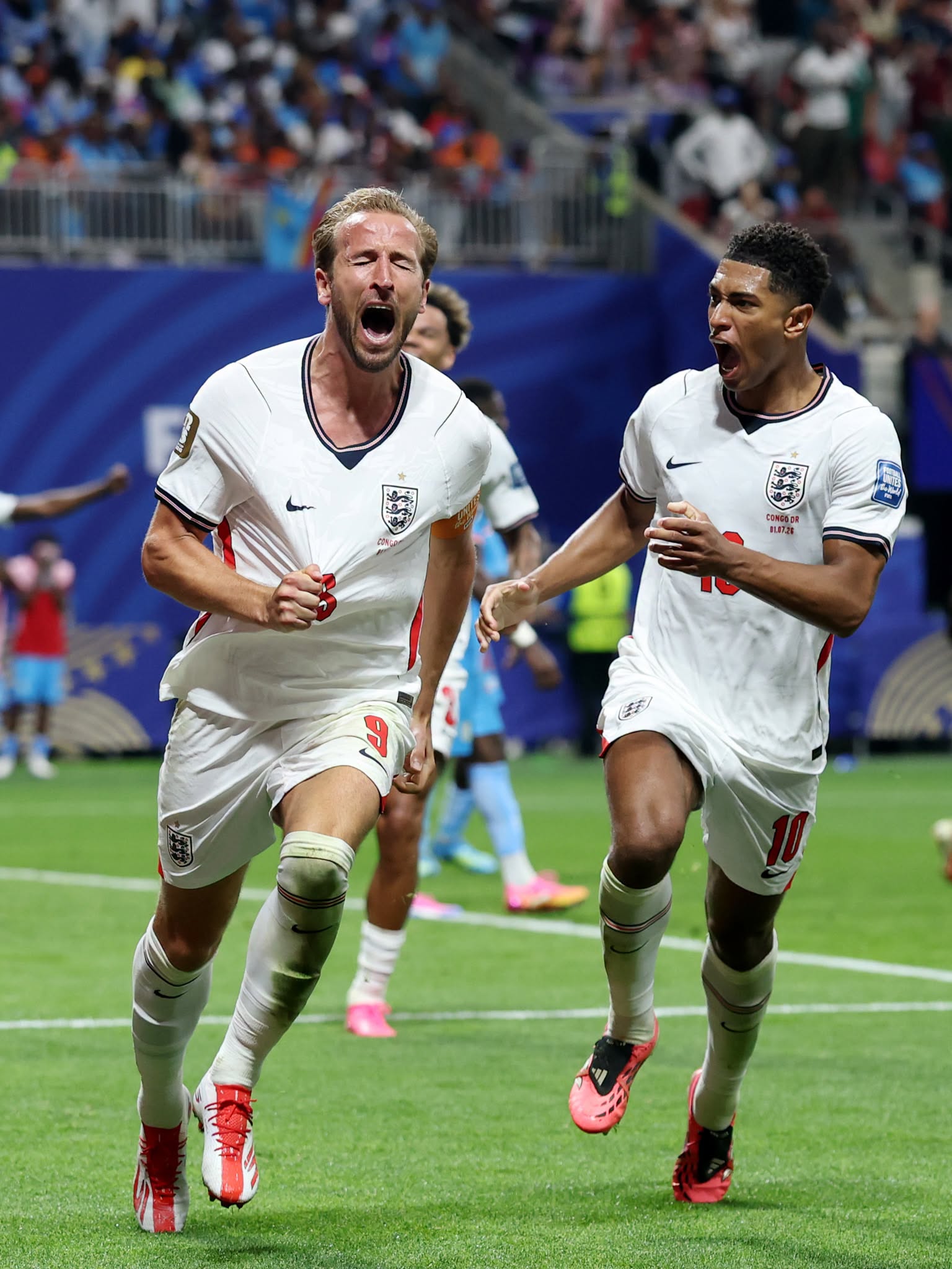 ATLANTA, GEORGIA - JULY 01: Harry Kane #9 of England celebrates scoring his team's first goal during the FIFA World Cup 2026 Round Of 32 match between England and Congo DR at Atlanta Stadium on July 01, 2026 in Atlanta, Georgia. (Photo by Richard Pelham/Getty Images)