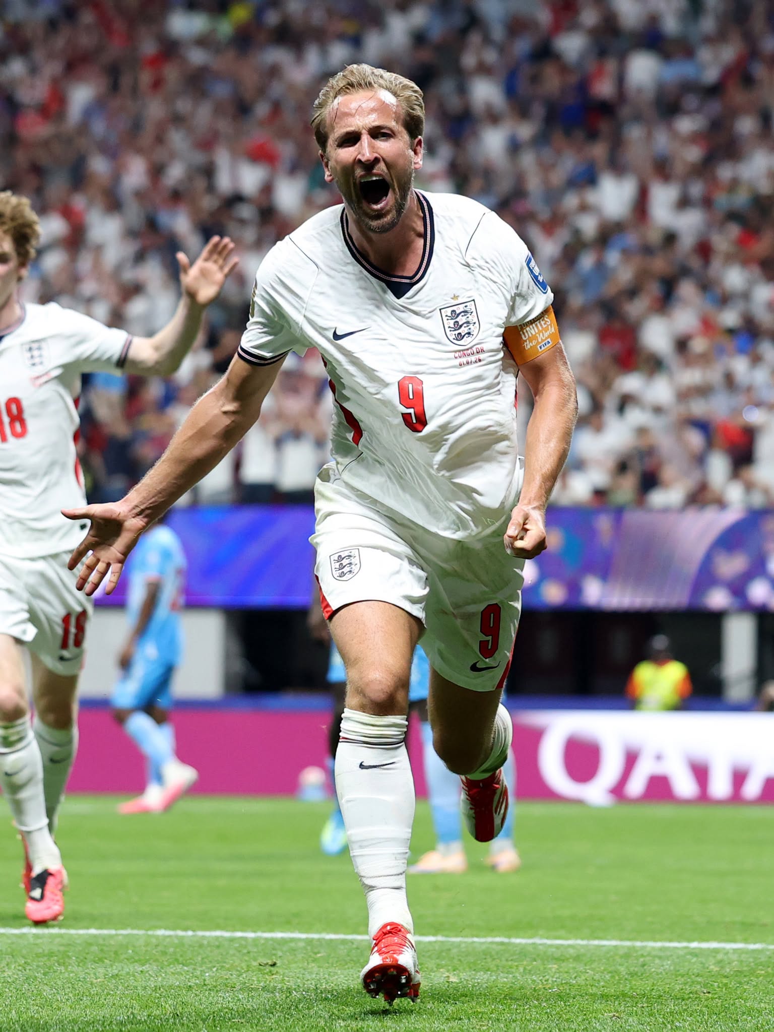 ATLANTA, GEORGIA - JULY 01: Harry Kane #9 of England celebrates scoring his team's second goal during the FIFA World Cup 2026 Round Of 32 match between England and Congo DR at Atlanta Stadium on July 01, 2026 in Atlanta, Georgia. (Photo by Steph Chambers - FIFA/FIFA via Getty Images)