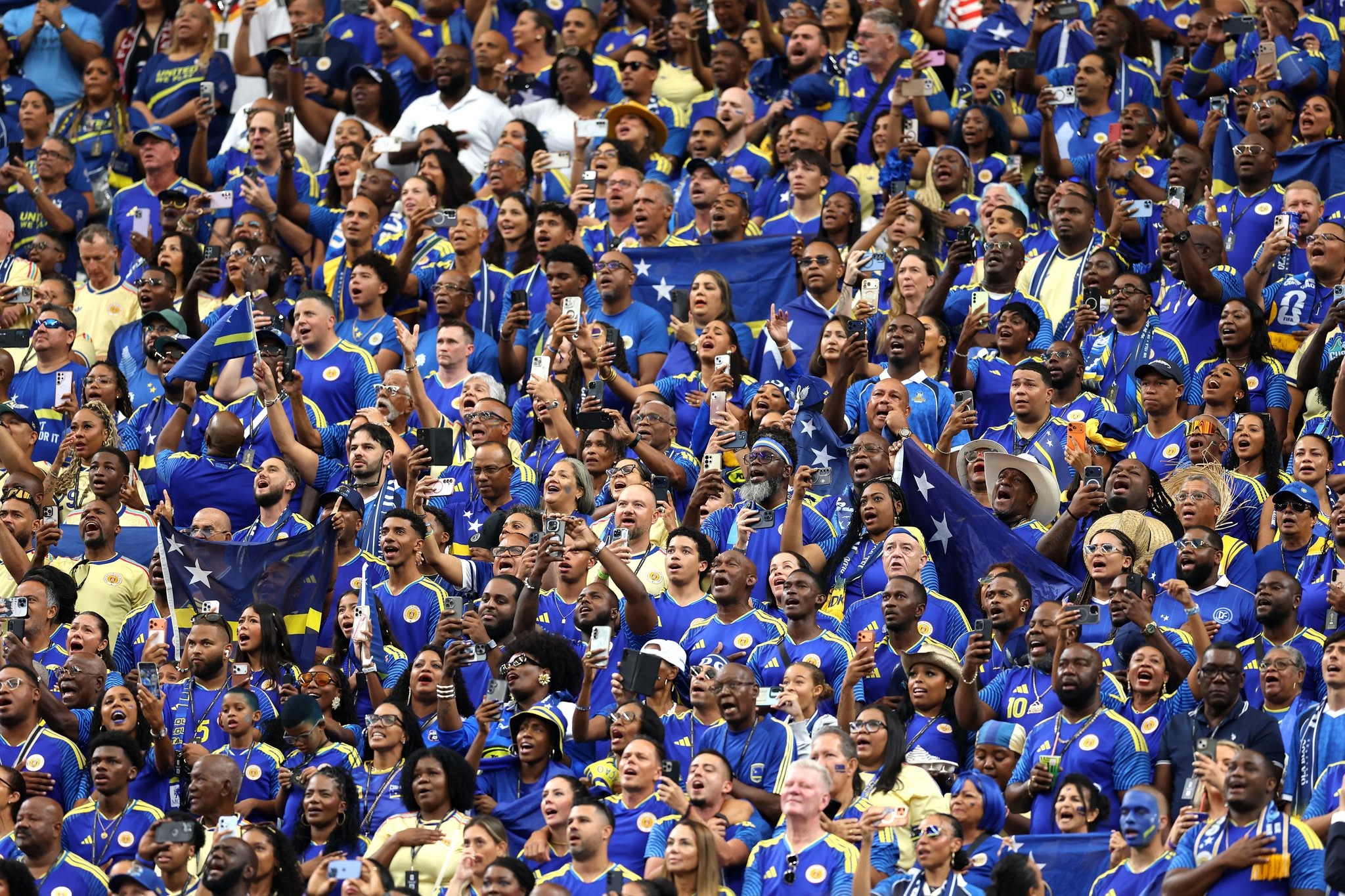 HOUSTON, TEXAS - JUNE 14: Curacao fans arrive before the FIFA World Cup 2026 Group E match between Germany and Curacao at Houston Stadium on June 14, 2026 in Houston, Texas. (Photo by Molly Darlington/Getty Images)
