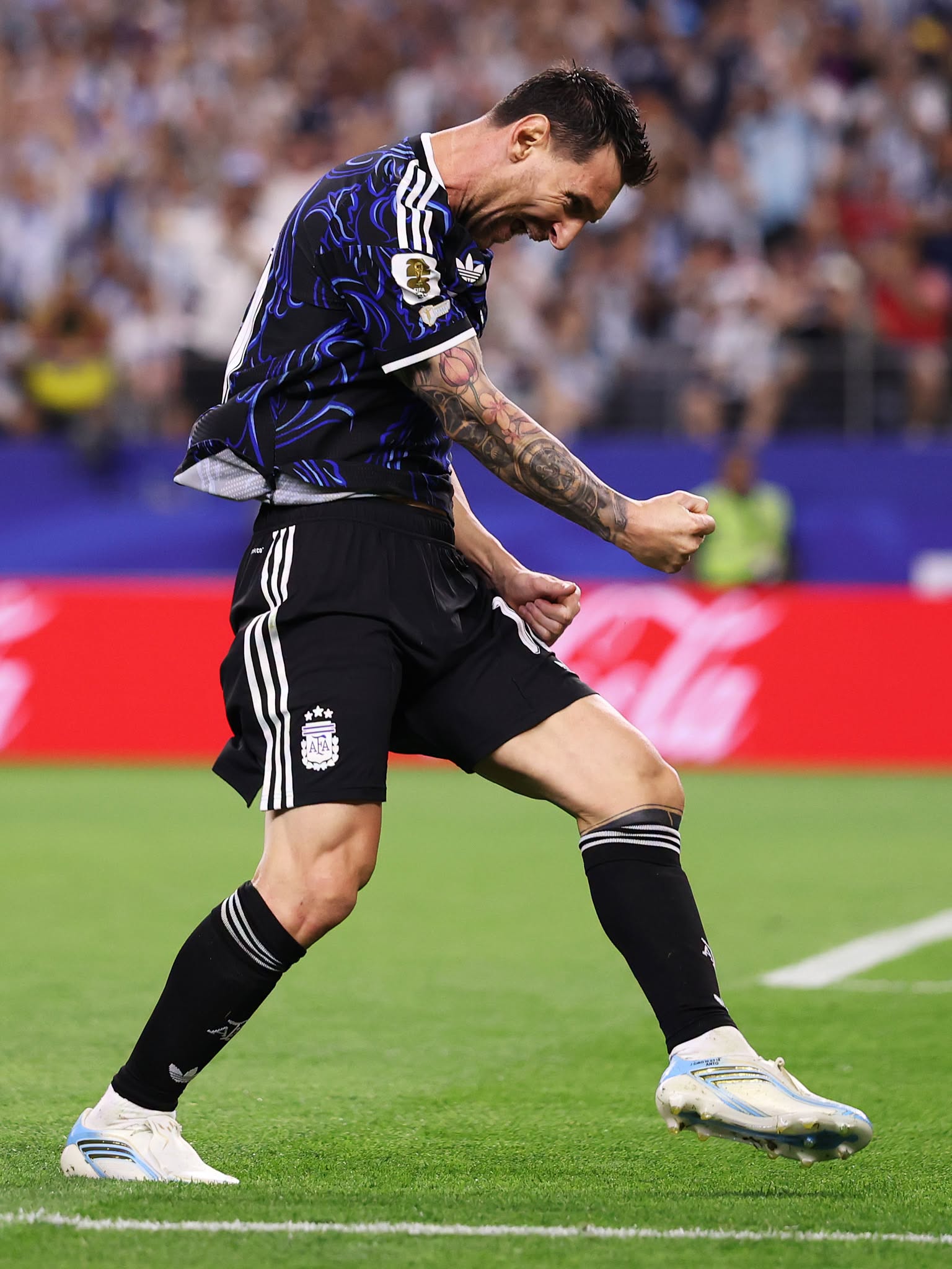 ARLINGTON, TEXAS - JUNE 27: Lionel Messi #10 of Argentina celebrates scoring his team's third goal during the FIFA World Cup 2026 Group J match between Jordan and Argentina at Dallas Stadium on June 27, 2026 in Arlington, Texas. (Photo by Ryan Pierse - FIFA/FIFA via Getty Images)