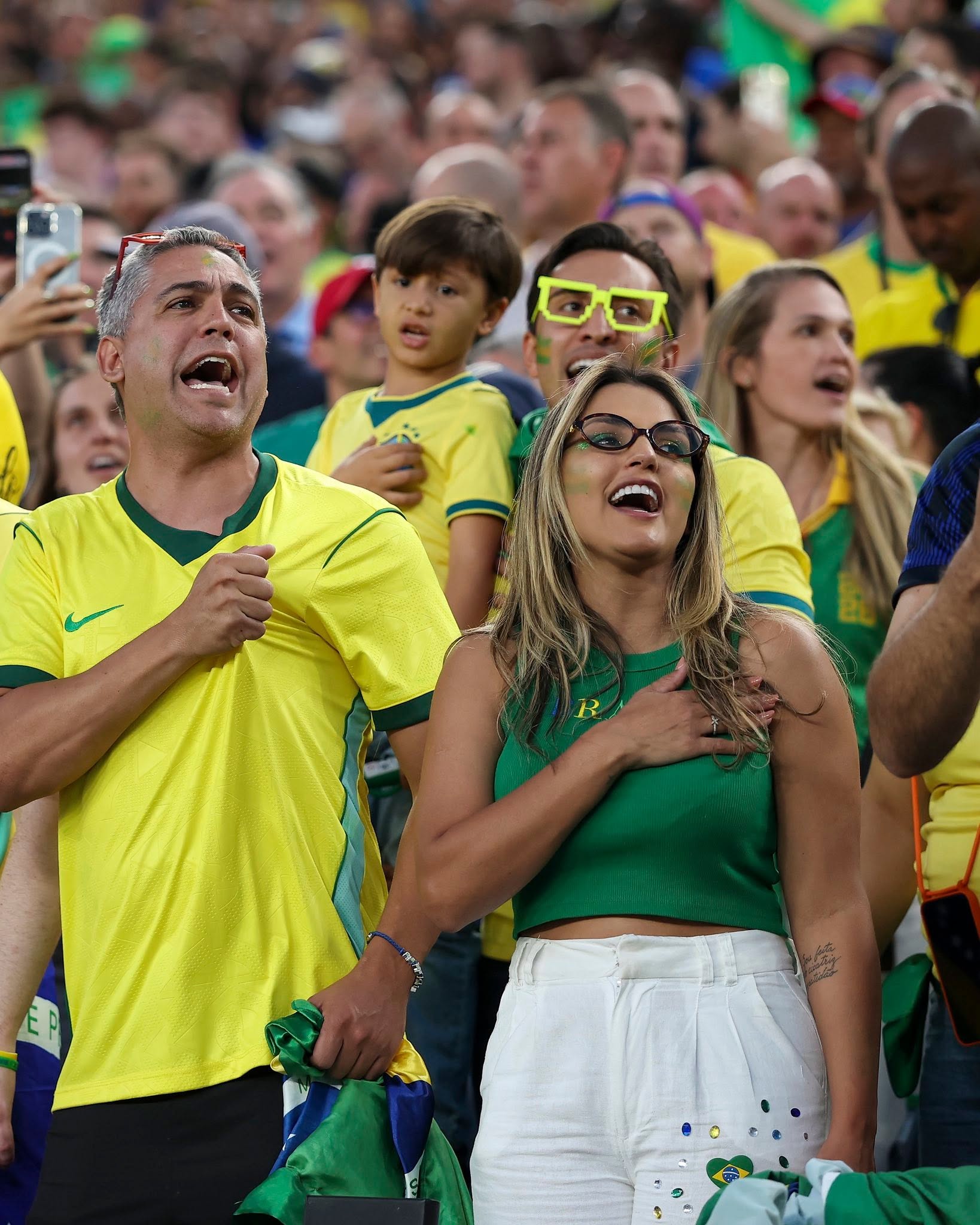 PHILADELPHIA, PENNSYLVANIA - JUNE 19: Brazil fans stand for the national anthem before the FIFA World Cup 2026 Group C match between Brazil and Haiti at Philadelphia Stadium on June 19, 2026 in Philadelphia, Pennsylvania. (Photo by Al Bello/Getty Images)