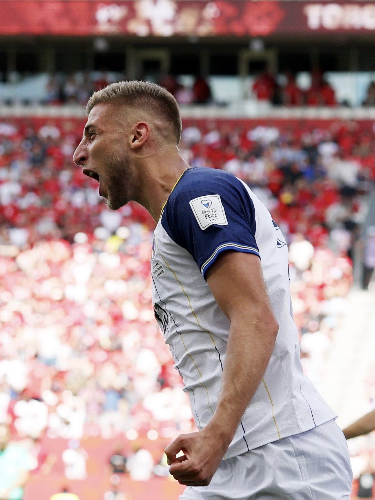 TORONTO, ONTARIO - JUNE 12: Jovo Lukic #25 of Bosnia and Herzegovina celebrates scoring his team's first goal during the FIFA World Cup 2026 Group B match between Canada and Bosnia and Herzegovina at Toronto Stadium on June 12, 2026 in Toronto, Ontario. (Photo by Maja Hitij - FIFA/FIFA via Getty Images)