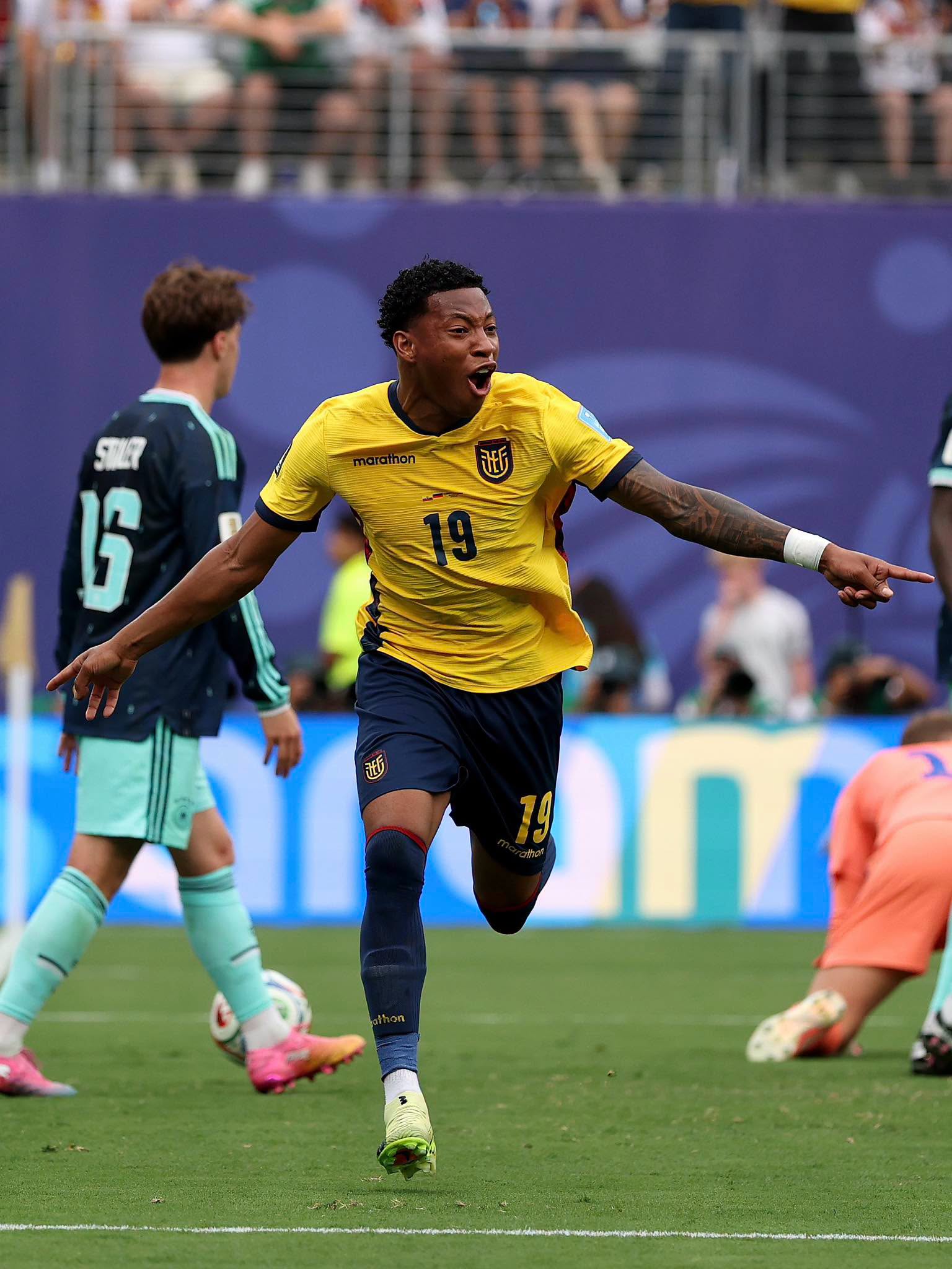 EAST RUTHERFORD, NEW JERSEY - JUNE 25: Gonzalo Plata #19 of Ecuador celebrates scoring his team's second goal during the FIFA World Cup 2026 Group E match between Ecuador and Germany at New York New Jersey Stadium on June 25, 2026 in East Rutherford, New Jersey. (Photo by Patrick Smith - FIFA/FIFA via Getty Images)