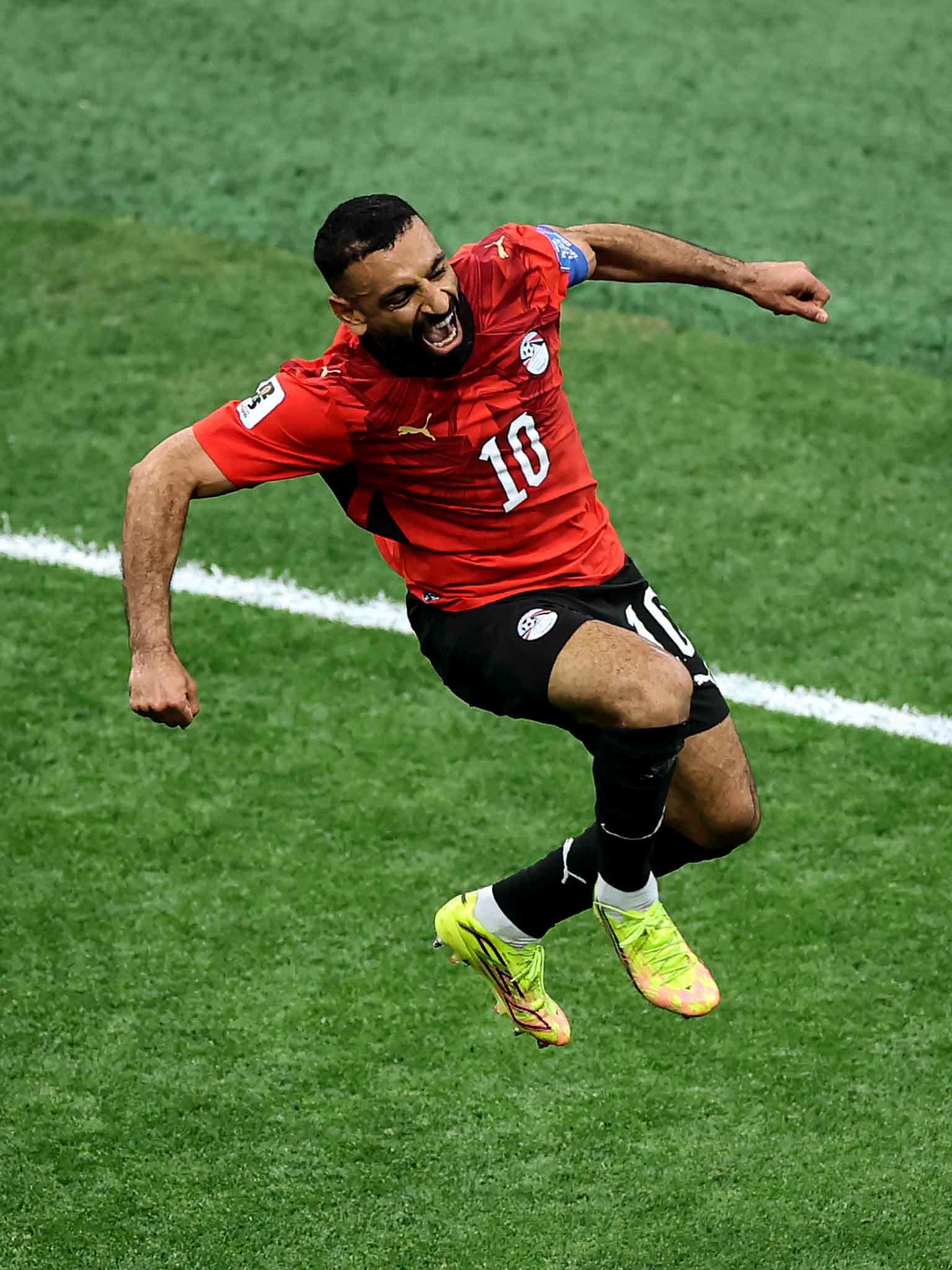VANCOUVER, BRITISH COLUMBIA - JUNE 21: Mohamed Salah #10 of Egypt celebrates scoring his team's second goal during the FIFA World Cup 2026 Group G match between New Zealand and Egypt at BC Place Vancouver on June 21, 2026 in Vancouver, British Columbia. (Photo by Alex Grimm/Getty Images)