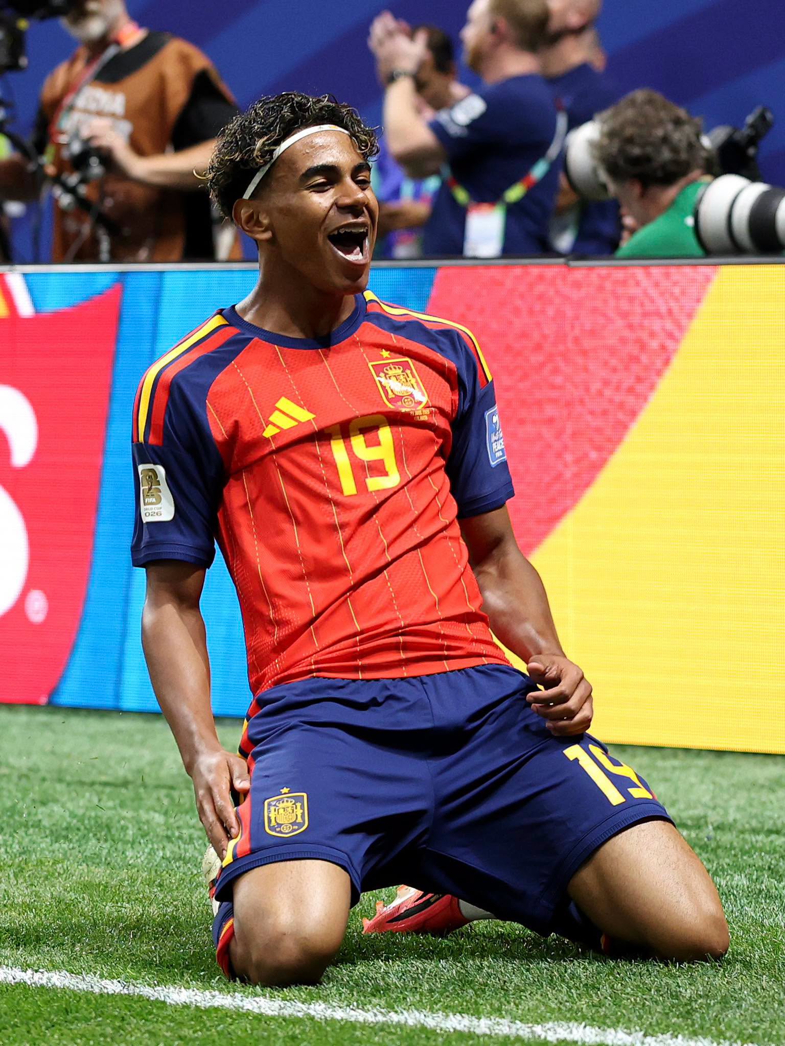 ATLANTA, GEORGIA - JUNE 21: Lamine Yamal #19 of Spain celebrates scoring his team's first goal during the FIFA World Cup 2026 Group H match between Spain and Saudi Arabia at Atlanta Stadium on June 21, 2026 in Atlanta, Georgia. (Photo by Patrick Smith - FIFA/FIFA via Getty Images)