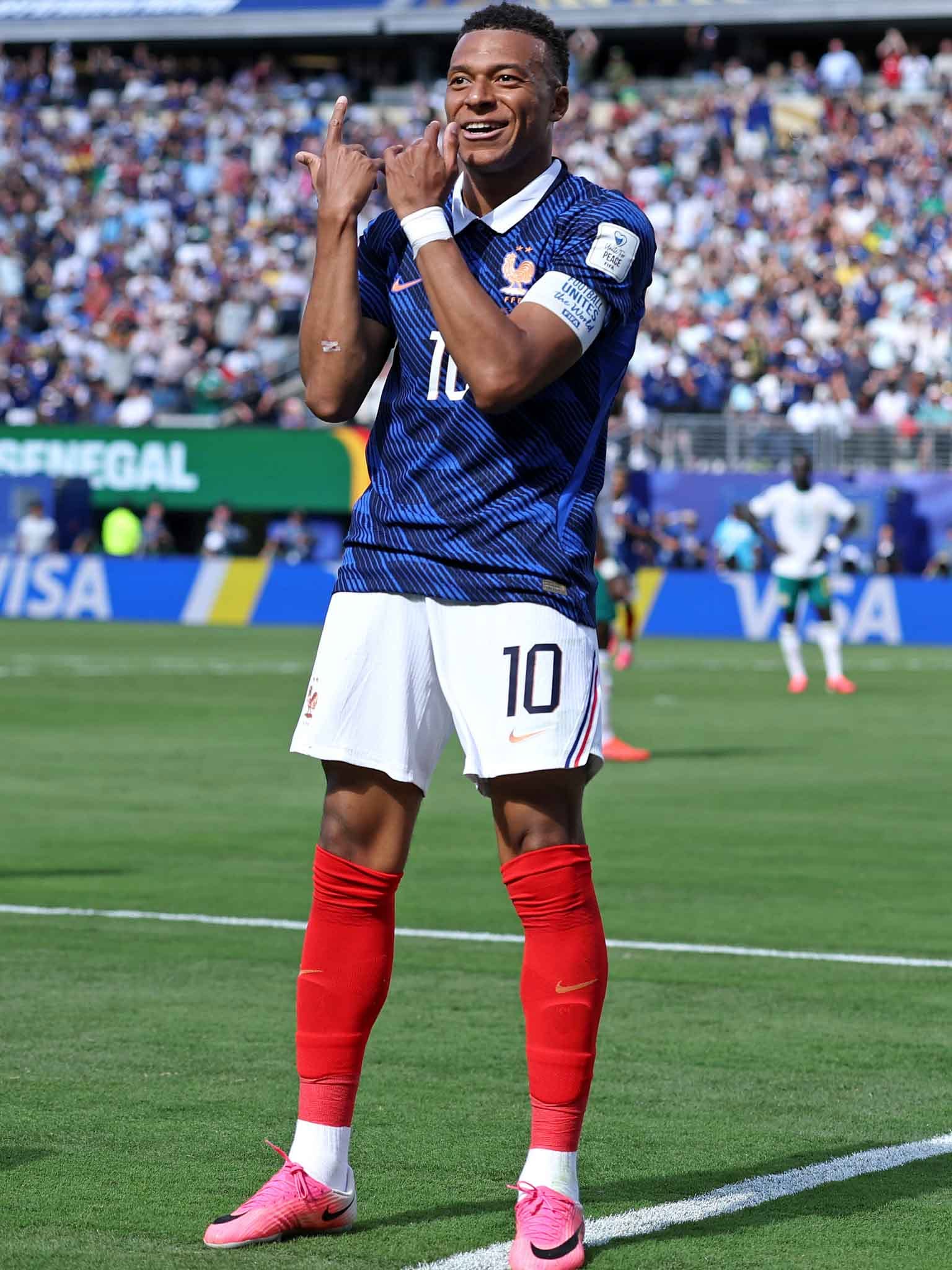 EAST RUTHERFORD, NEW JERSEY - JUNE 16: Kylian Mbappe #10 of France celebrates scoring his team's first goal during the FIFA World Cup 2026 Group I match between France and Senegal at New York New Jersey Stadium on June 16, 2026 in East Rutherford, New Jersey. (Photo by Dan Mullan/Getty Images)