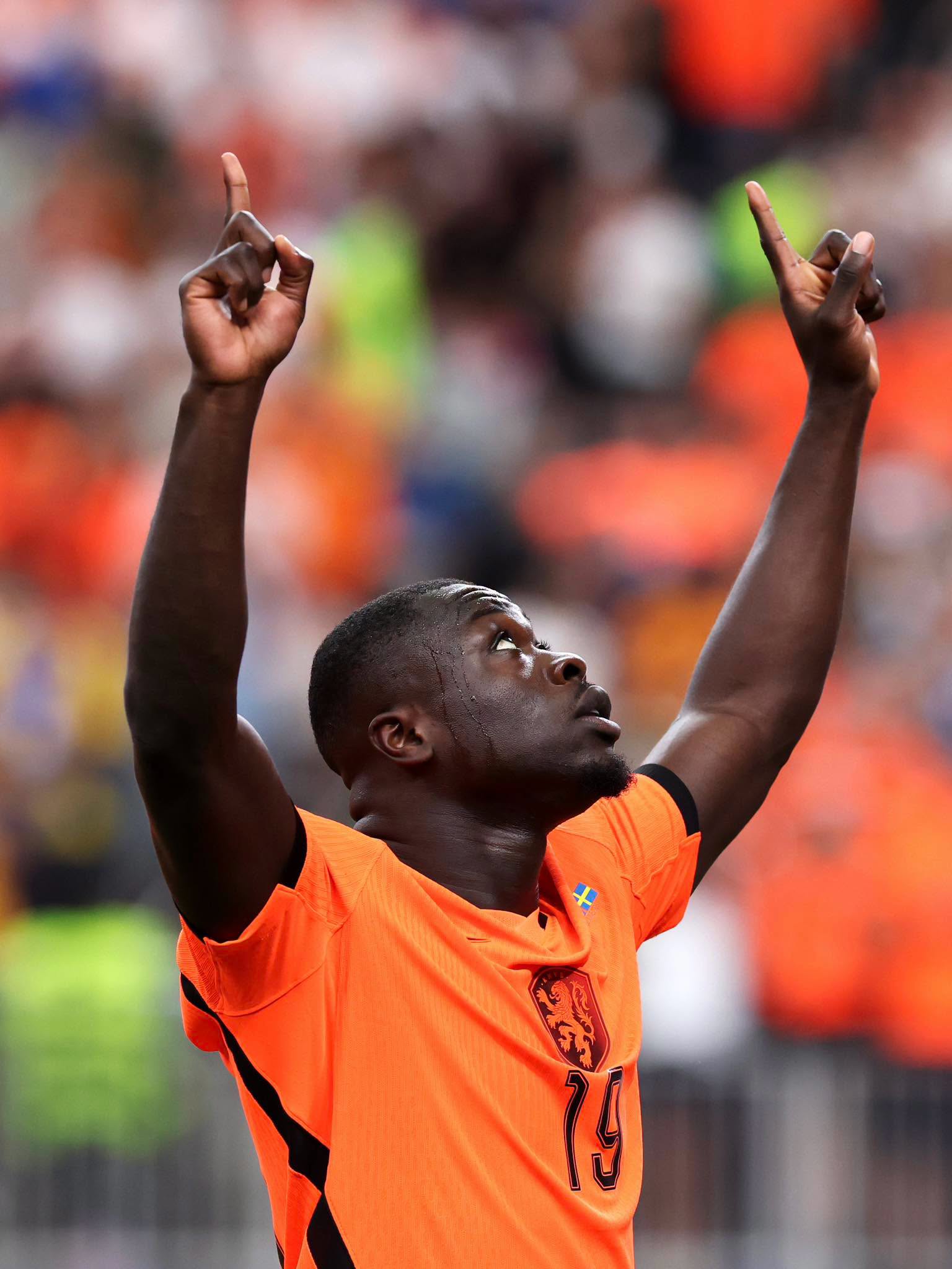 HOUSTON, TEXAS - JUNE 20: Brian Brobbey #19 of the Netherlands celebrates scoring his team's first goal during the FIFA World Cup 2026 Group F match between Netherlands and Sweden at Houston Stadium on June 20, 2026 in Houston, Texas. (Photo by Julian Finney - FIFA/FIFA via Getty Images)