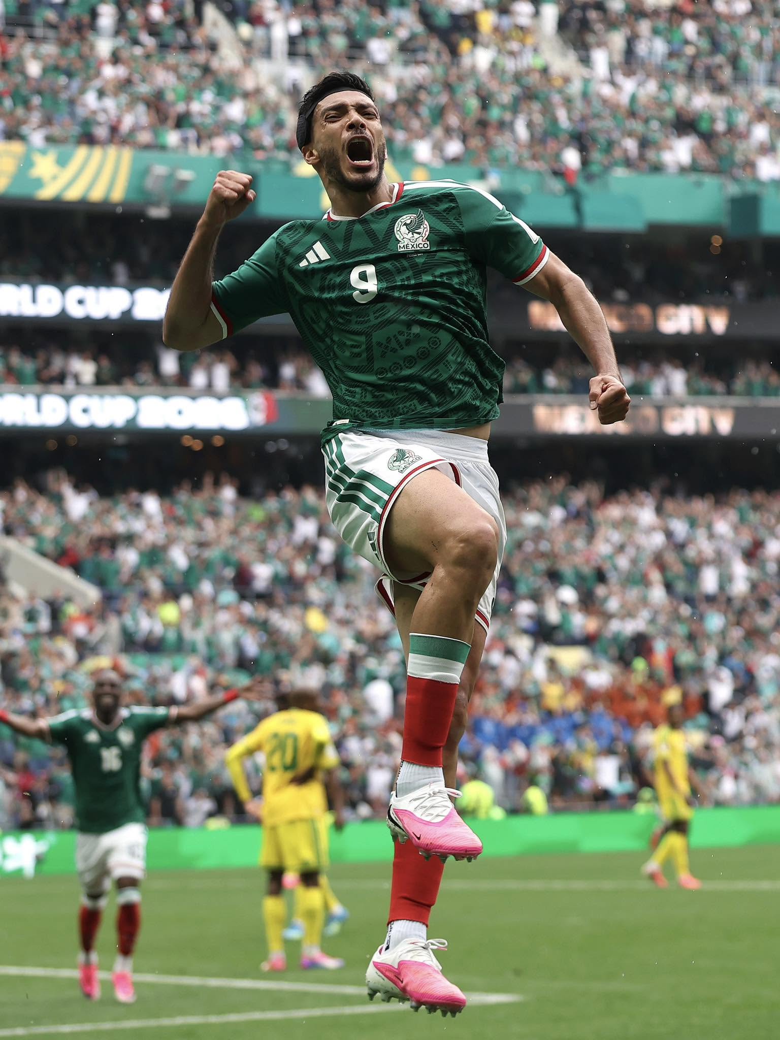 MEXICO CITY, MEXICO - JUNE 11: Raul Jimenez #9 of Mexico celebrates scoring his team's second goal during the FIFA World Cup 2026 Group A match between Mexico and South Africa at Mexico City Stadium on June 11, 2026 in Mexico City, Mexico. (Photo by Carl Recine/Getty Images)