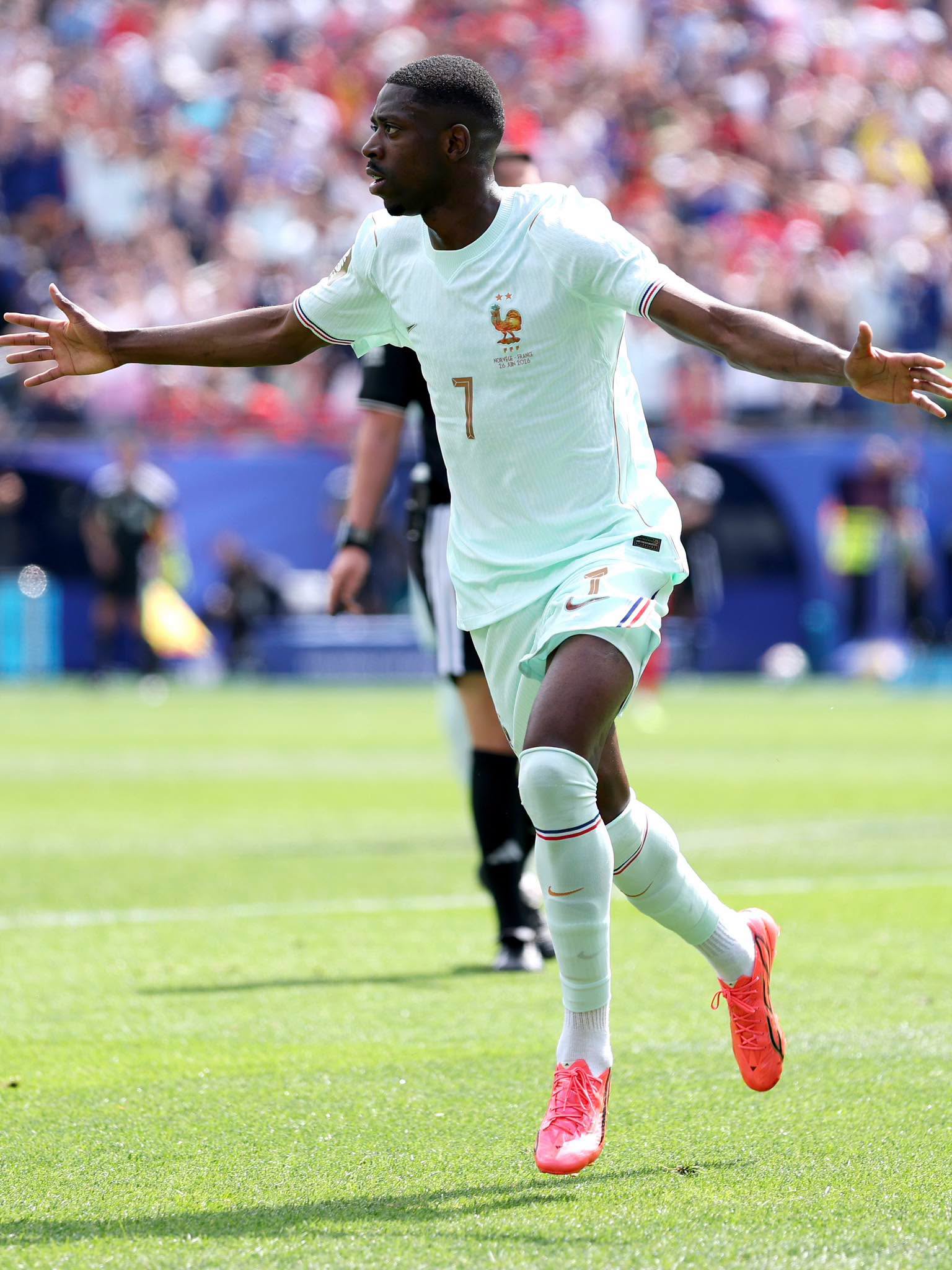 FOXBOROUGH, MASSACHUSETTS - JUNE 26: Ousmane Dembele #7 of France celebrates scoring his team's first goal during the FIFA World Cup 2026 Group I match between Norway and France at Boston Stadium on June 26, 2026 in Foxborough, Massachusetts. (Photo by Justin Setterfield/Getty Images)