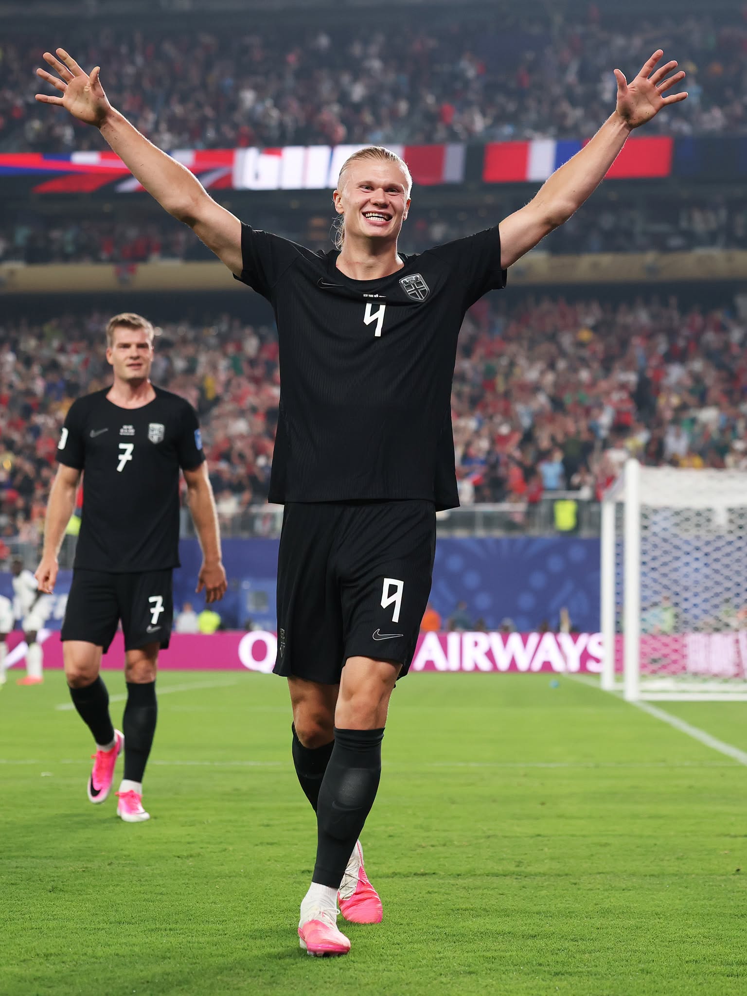 EAST RUTHERFORD, NEW JERSEY - JUNE 22: Erling Haaland #9 of Norway celebrates scoring his team's second goal during the FIFA World Cup 2026 Group I match between Norway and Senegal at New York New Jersey Stadium on June 22, 2026 in East Rutherford, New Jersey. (Photo by Maddie Meyer - FIFA/FIFA via Getty Images)