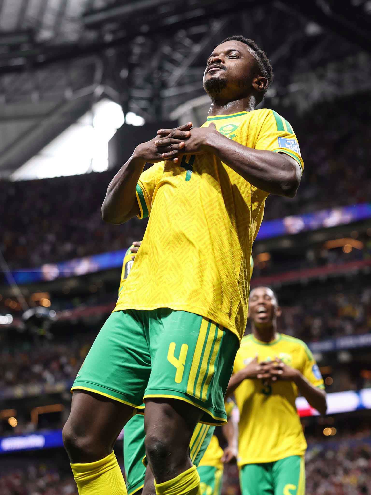 ATLANTA, GEORGIA - JUNE 18: Teboho Mokoena #4 of South Africa celebrates after scoring a penalty for his team's first goal during the FIFA World Cup 2026 Group A match between Czechia and South Africa at Atlanta Stadium on June 18, 2026 in Atlanta, Georgia. (Photo by Michael Regan - FIFA/FIFA via Getty Images)