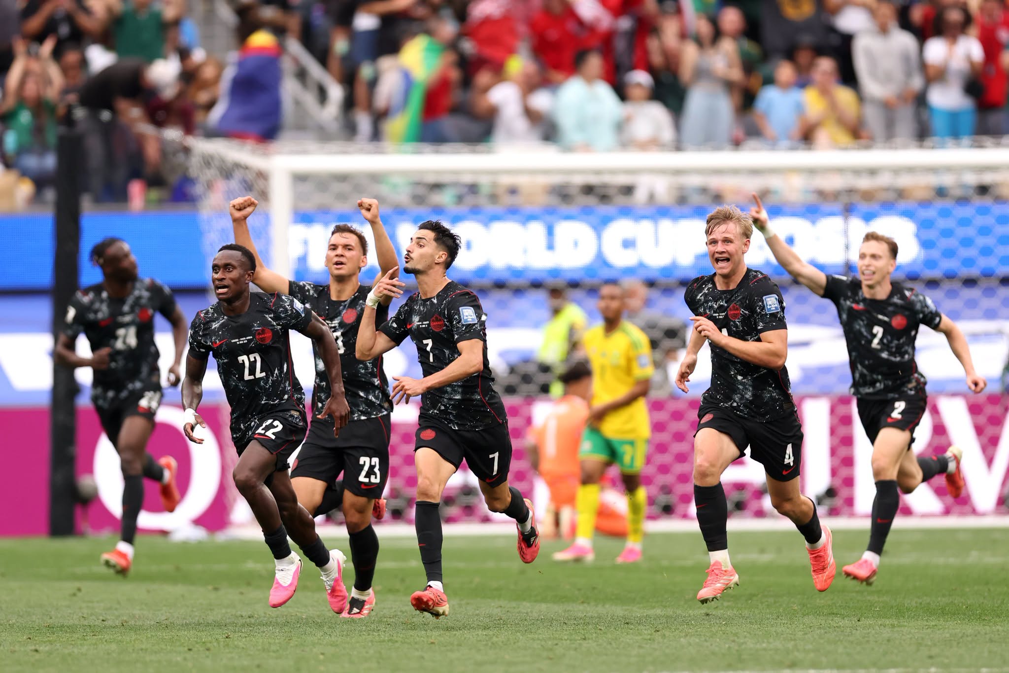 INGLEWOOD, CALIFORNIA - JUNE 28: Stephen Eustaquio #7 of Canada celebrates scoring his team's first goal with team mates during the FIFA World Cup 2026 Round Of 32 match between South Africa and Canada at Los Angeles Stadium on June 28, 2026 in Inglewood, California. (Photo by Fran Santiago/Getty Images)