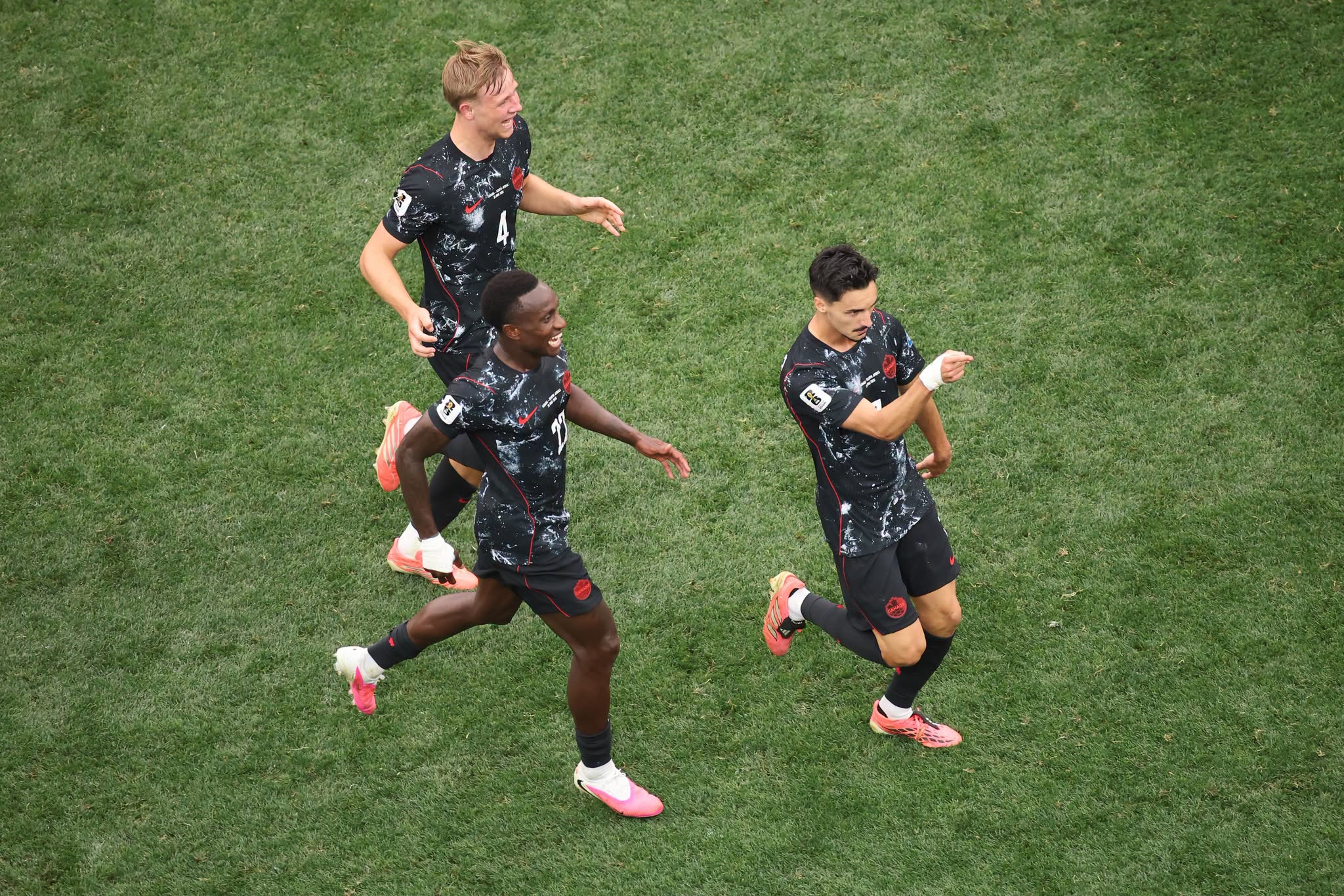 INGLEWOOD, CALIFORNIA - JUNE 28: Stephen Eustaquio #7 of Canada celebrates scoring his team's first goal with team mates during the FIFA World Cup 2026 Round Of 32 match between South Africa and Canada at Los Angeles Stadium on June 28, 2026 in Inglewood, California. (Photo by Alex Grimm/Getty Images)