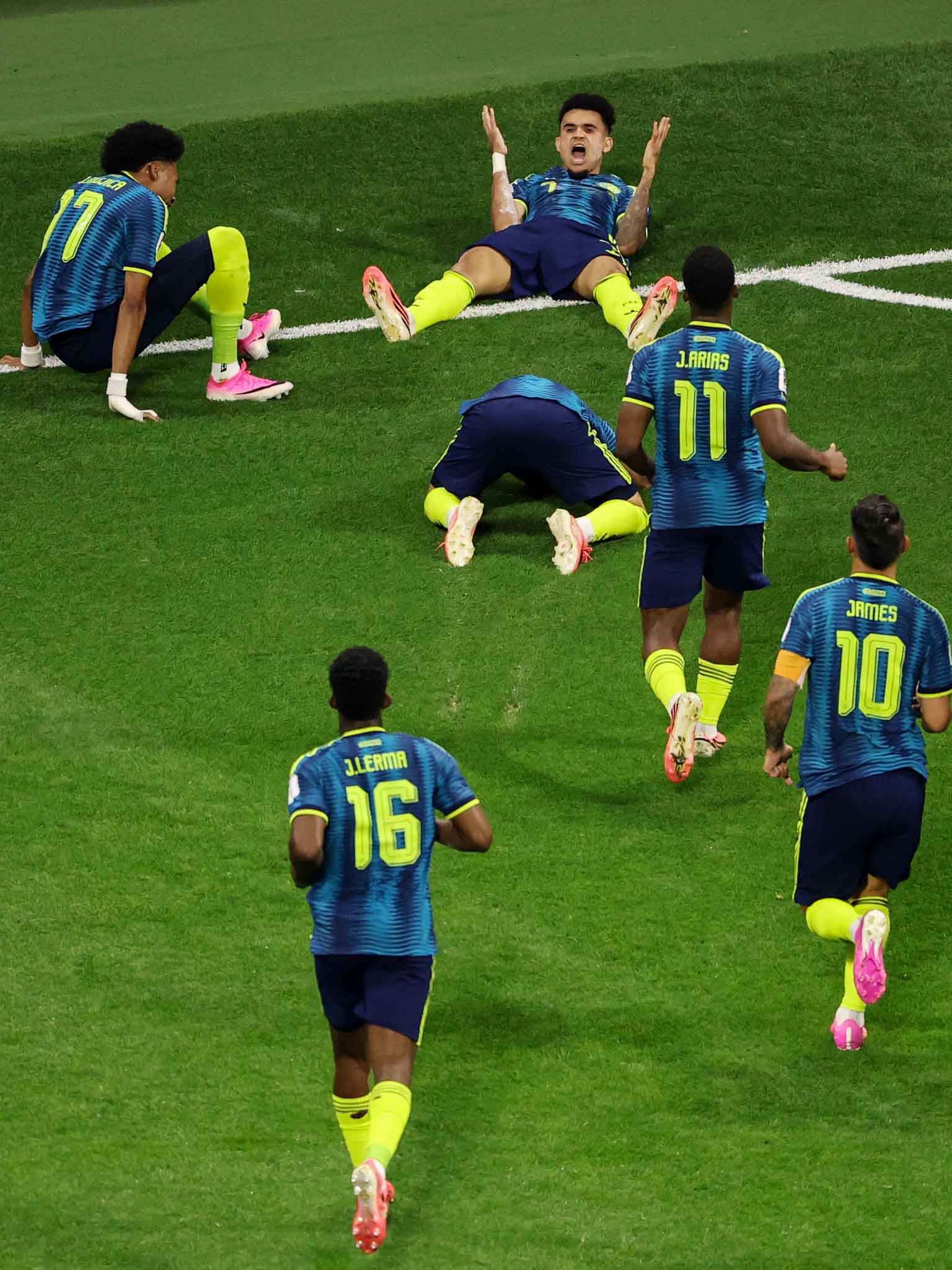 MEXICO CITY, MEXICO - JUNE 17: Luis Diaz #7 of Colombia celebrates with teammates after scoring his team's second goal during the FIFA World Cup 2026 Group K match between Uzbekistan and Colombia at Mexico City Stadium on June 17, 2026 in Mexico City, Mexico. (Photo by Luke Hales/Getty Images)