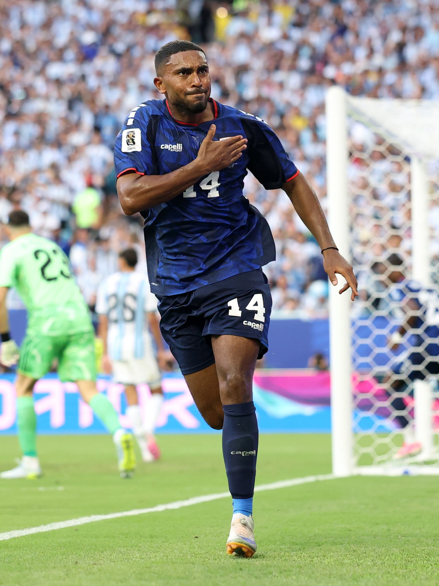 MIAMI GARDENS, FLORIDA - JULY 03: Deroy Duarte #14 of Cabo Verde celebrates scoring his team's first goal during the FIFA World Cup 2026 Round of 32 match between Argentina and Cabo Verde at Miami Stadium on July 03, 2026 in Miami Gardens, Florida. (Photo by Steph Chambers - FIFA/FIFA via Getty Images)