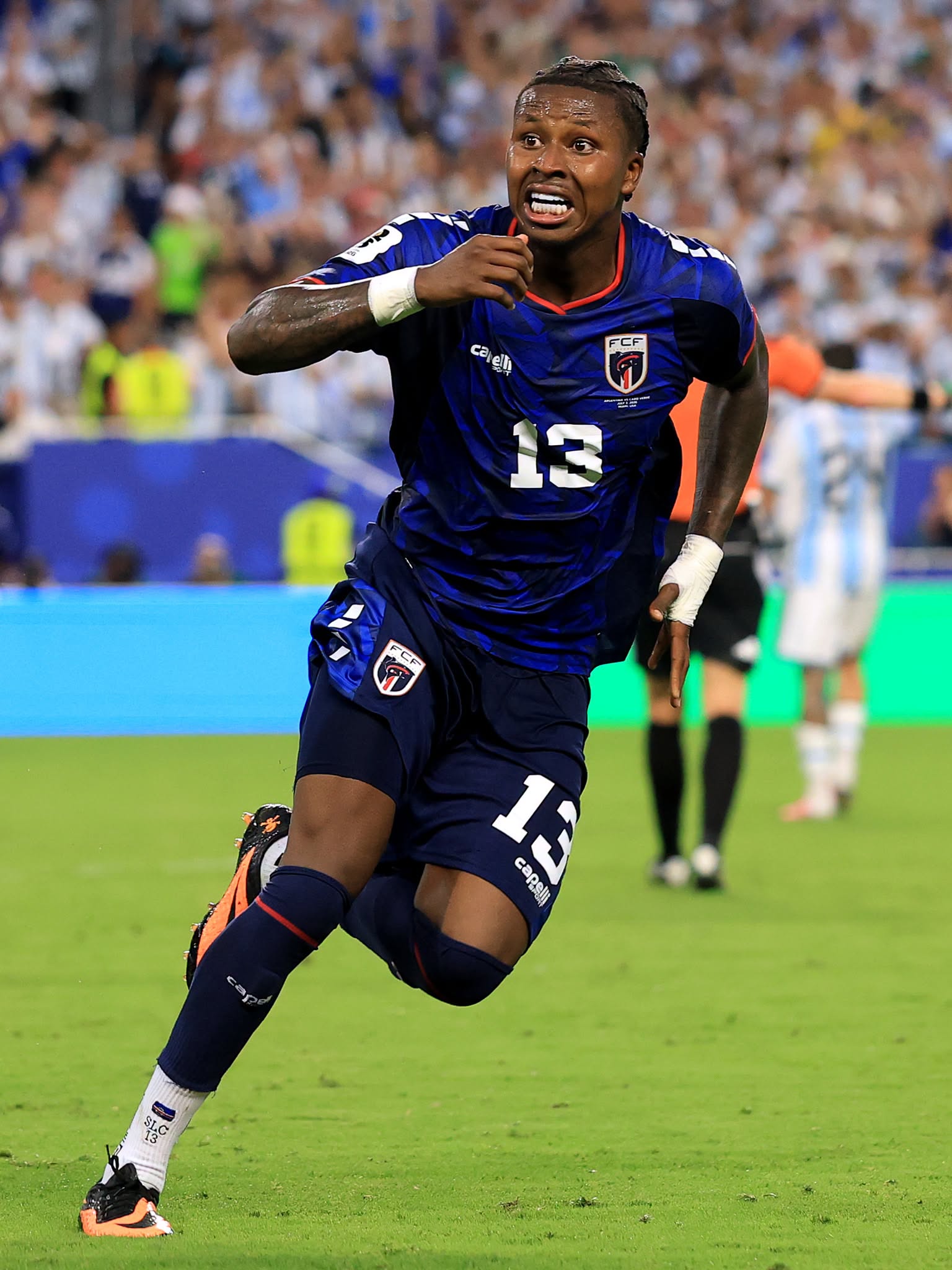 MIAMI GARDENS, FLORIDA - JULY 03: Sidny Lopes Cabral #13 of Cabo Verde celebrates scoring his team's second goal during the FIFA World Cup 2026 Round of 32 match between Argentina and Cabo Verde at Miami Stadium on July 03, 2026 in Miami Gardens, Florida. (Photo by Ezra Shaw - FIFA/FIFA via Getty Images)