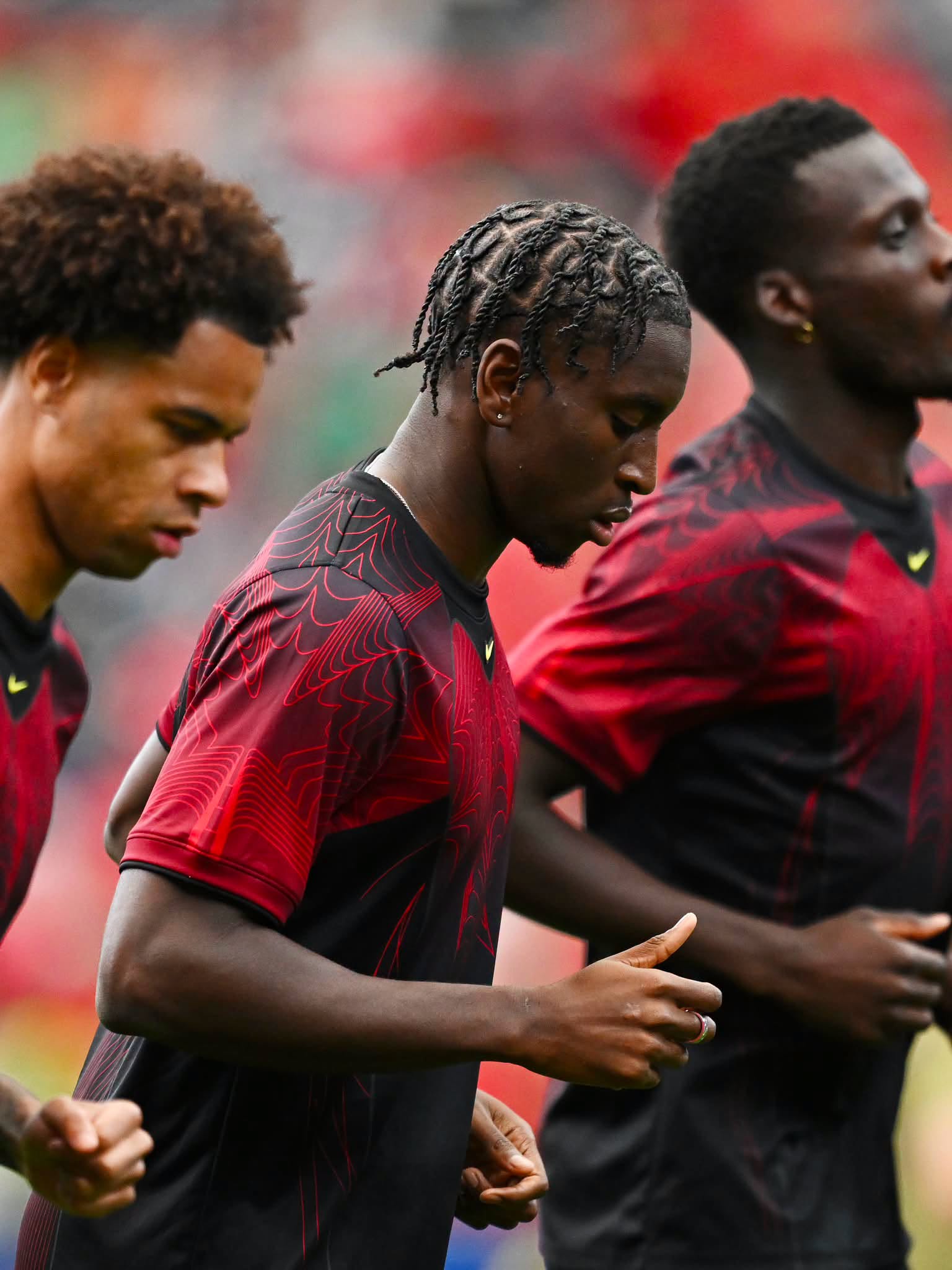 HOUSTON, TEXAS - JULY 04: Moise Bombito #15 (C) and players of Canada warm up before the FIFA World Cup 2026 Round of 16 match between Canada and Morocco at Houston Stadium on July 04, 2026 in Houston, Texas. (Photo by Hannah Peters - FIFA/FIFA via Getty Images)