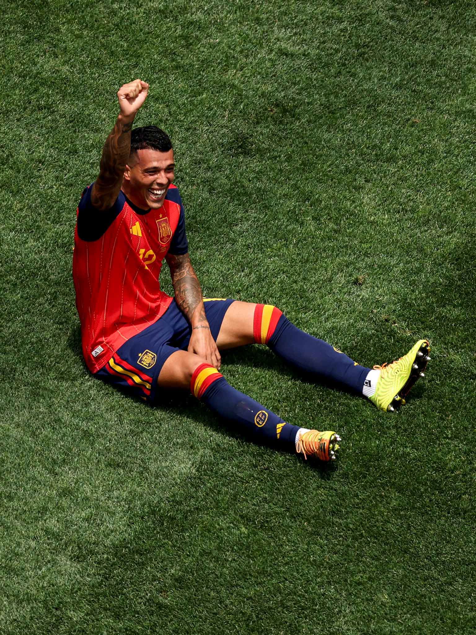 INGLEWOOD, CALIFORNIA - JULY 02: Pedro Porro #12 of Spain celebrates after scoring his team’s second goal during the FIFA World Cup 2026 Round of 32 match between Spain and Austria at Los Angeles Stadium on July 02, 2026 in Inglewood, California. (Photo by Charlotte Wilson/Getty Images)