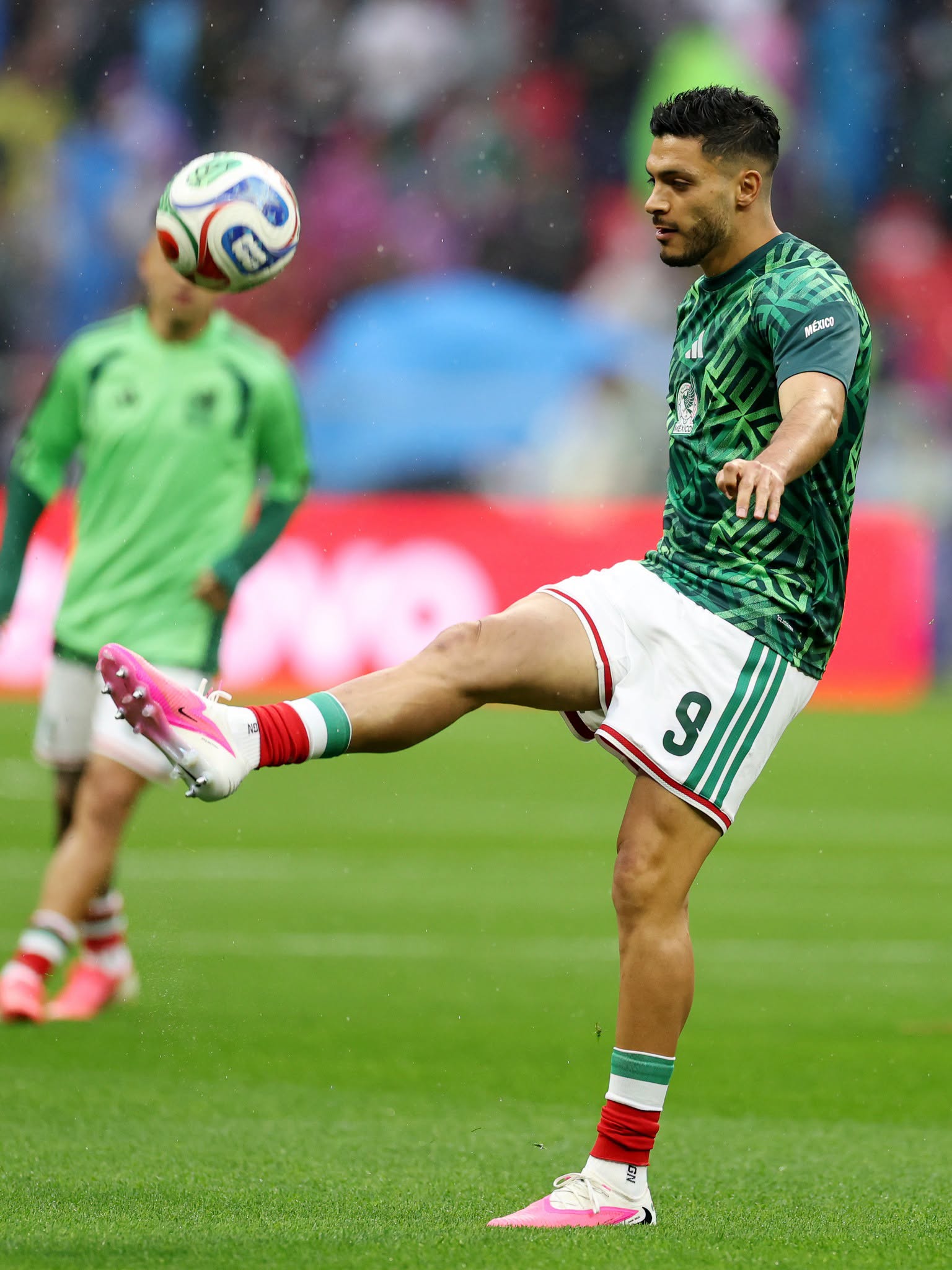MEXICO CITY, MEXICO - JULY 05: Raul Jimenez #9 of Mexico warms up before the FIFA World Cup 2026 Round of 16 match between Mexico and England at Mexico City Stadium on July 05, 2026 in Mexico City, Mexico. (Photo by Richard Pelham/Getty Images)