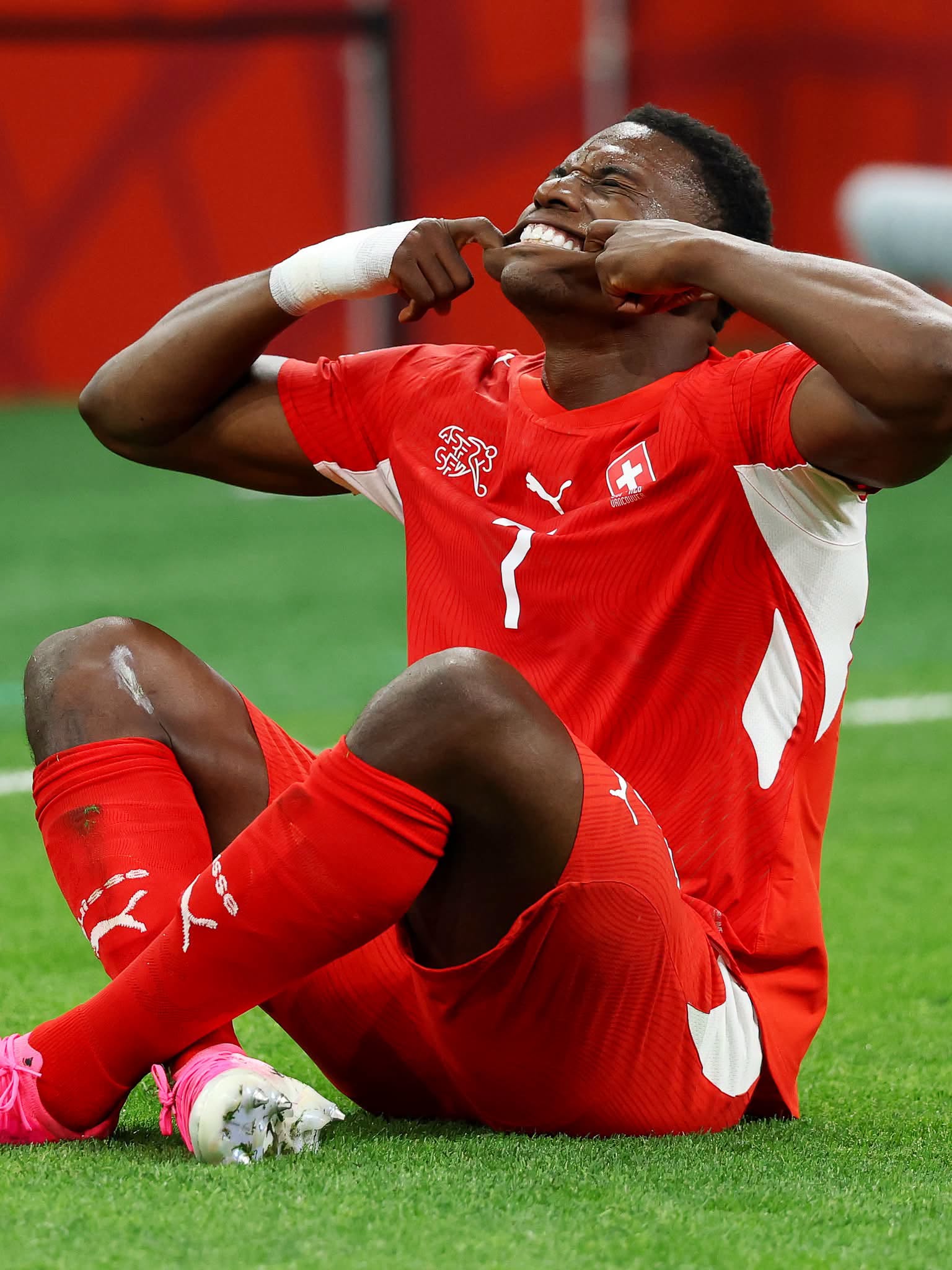 VANCOUVER, BRITISH COLUMBIA - JULY 02: Breel Embolo #7 of Switzerland celebrates scoring his team's first goal during the FIFA World Cup 2026 Round of 32 match between Switzerland and Algeria at BC Place Vancouver on July 02, 2026 in Vancouver, British Columbia. (Photo by Emilee Chinn/Getty Images)