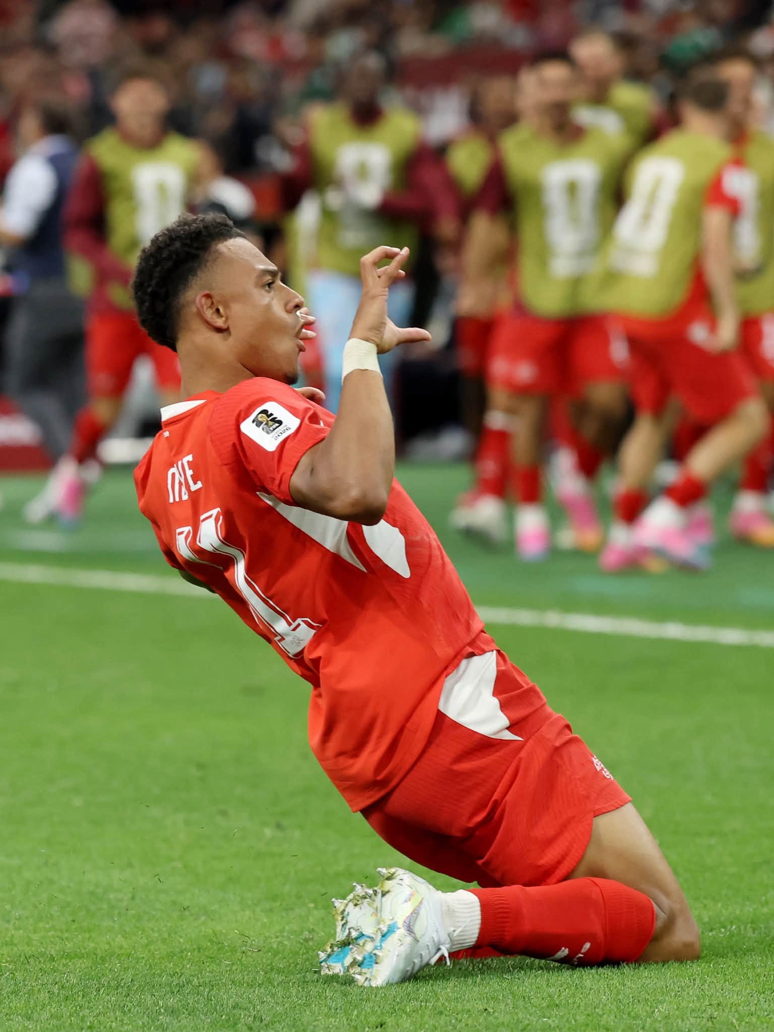 VANCOUVER, BRITISH COLUMBIA - JULY 02: Dan Ndoye #11 of Switzerland celebrates scoring his team's second goal during the FIFA World Cup 2026 Round of 32 match between Switzerland and Algeria at BC Place Vancouver on July 02, 2026 in Vancouver, British Columbia. (Photo by Alex Grimm/Getty Images)